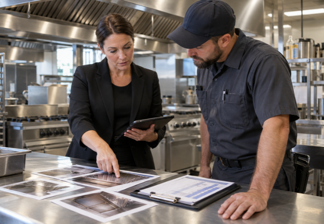 woman discussing professional kitchen cleaning